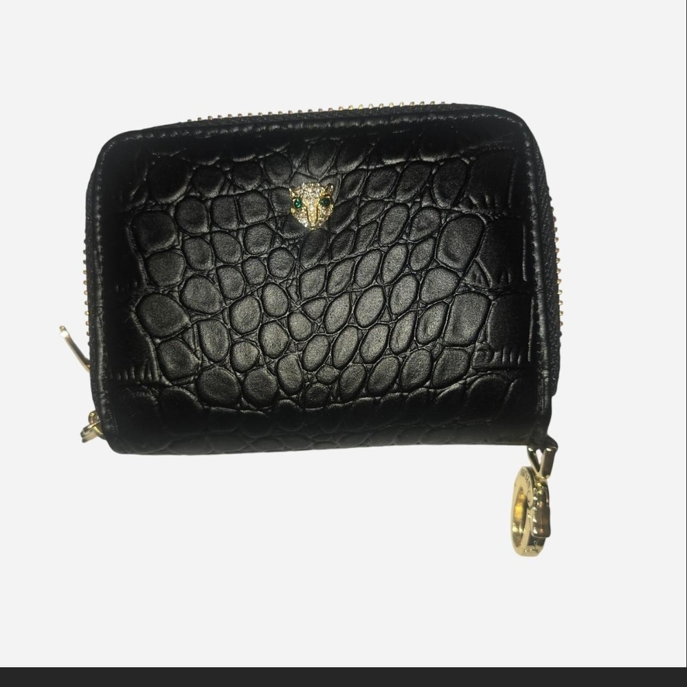 Black Croc-Embossed Wallet with Gold Accents